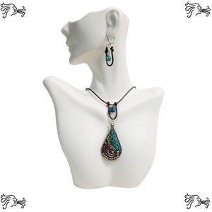 Tibetan Turquoise Coral Choker Necklace & Earrings Brown Leather Teardrop Shape